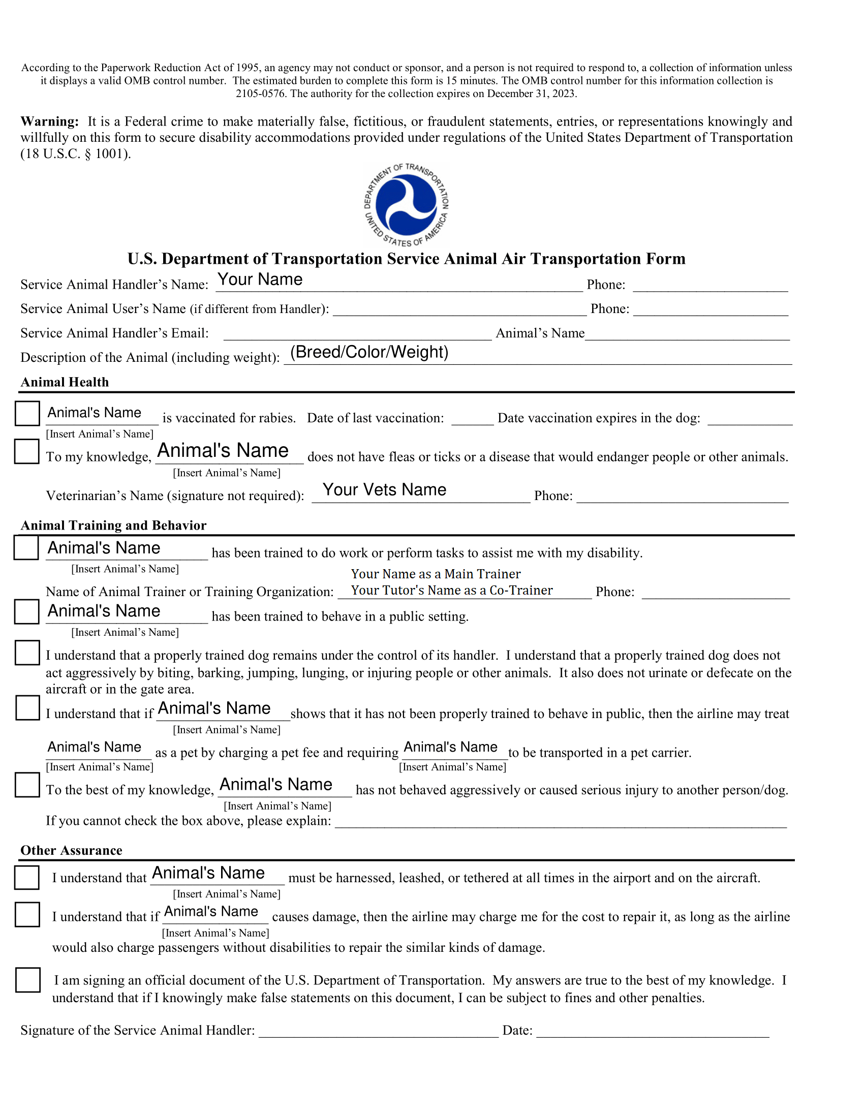 How to Fill Up DOT Service Animal Air Transportation Form To Fly With
